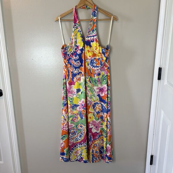 Lauren Ralph Lauren NEW Silk Blend Sleeveless Midi Dress Halter Floral Sz Large - Picture 1 of 10